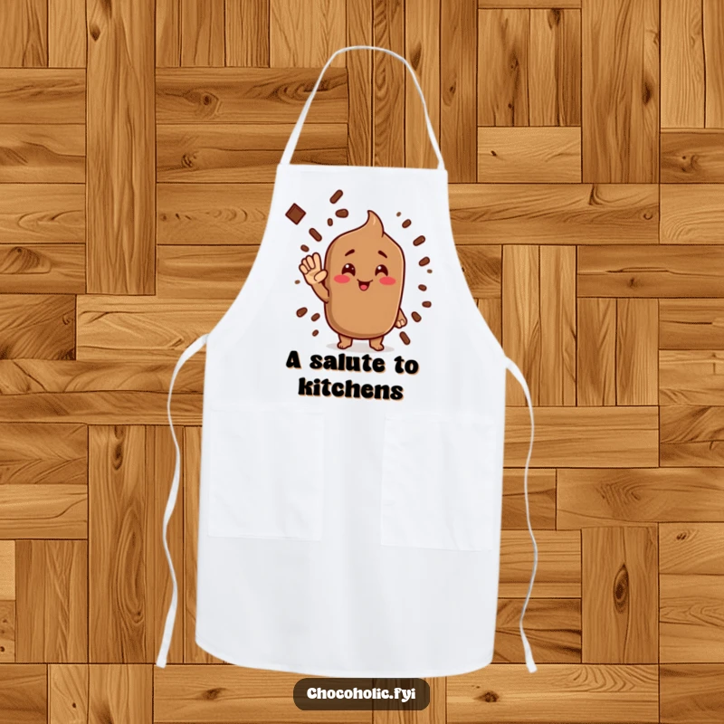Funny cocoa powder apron showing a character giving a silly salute, perfect for humorous kitchen tasks.