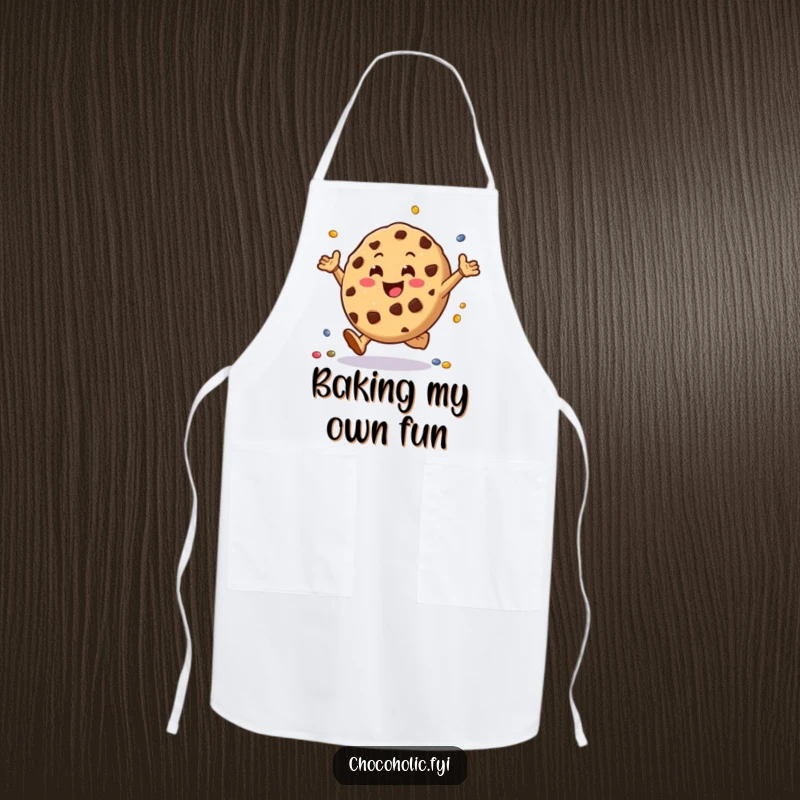 Funny chocolate chip cookie apron character doing cartwheels with tiny candies, making kitchen tasks more enjoyable and playful.