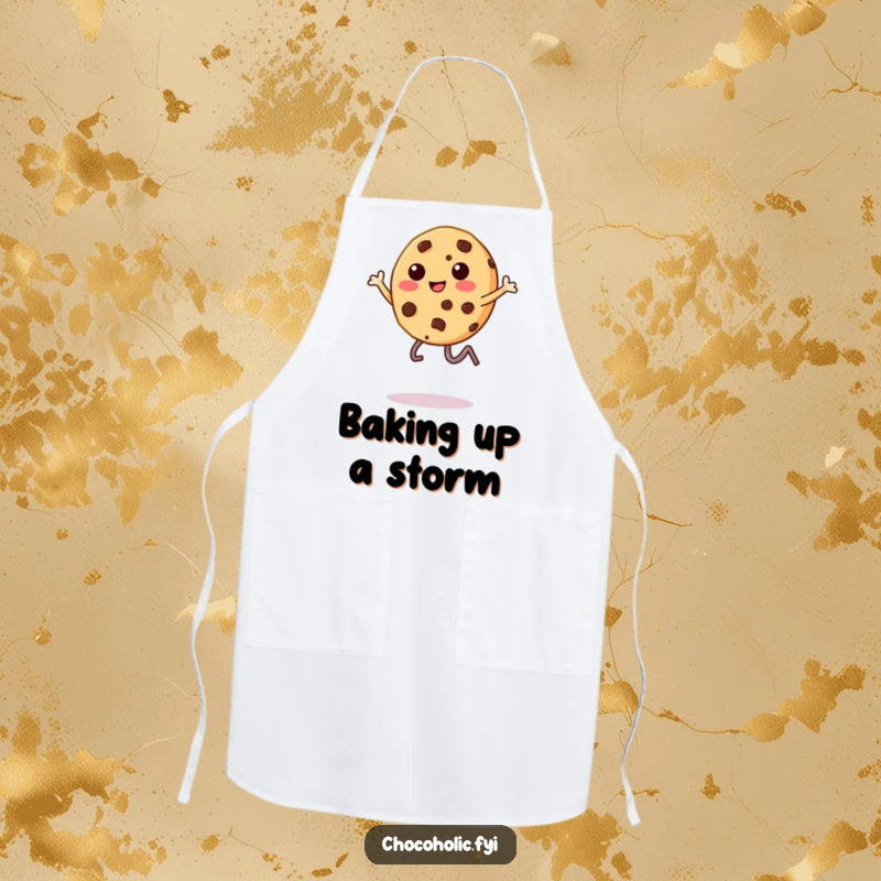 Funny chocolate chip cookie character, mid-leap with legs kicking, on a kitchen apron, ready for cooking fun.