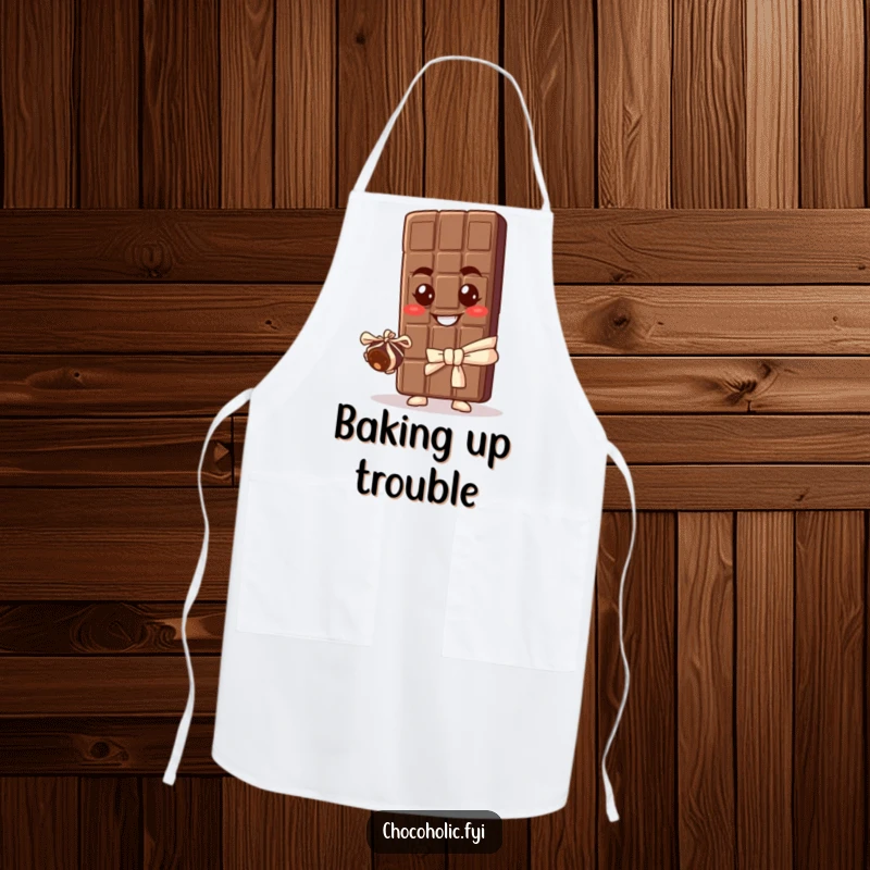 Funny apron with a mischievous chocolate bar character offering a tiny truffle, making kitchen tasks delightfully humorous and sweet.