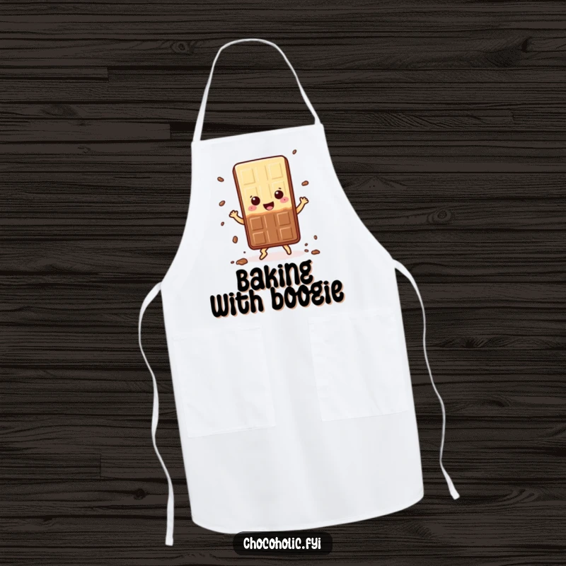 Funny Apron: Kawaii chocolate bar character dancing happily, shedding crumbs, a humorous and practical accessory for the kitchen, a great gift.