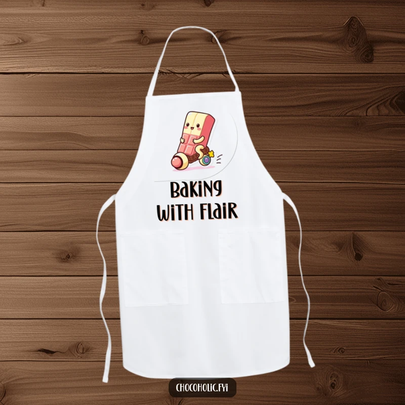 Funny Apron: Kawaii chocolate bar character happily riding a gumball, perfect for sweet baking and kitchen fun.