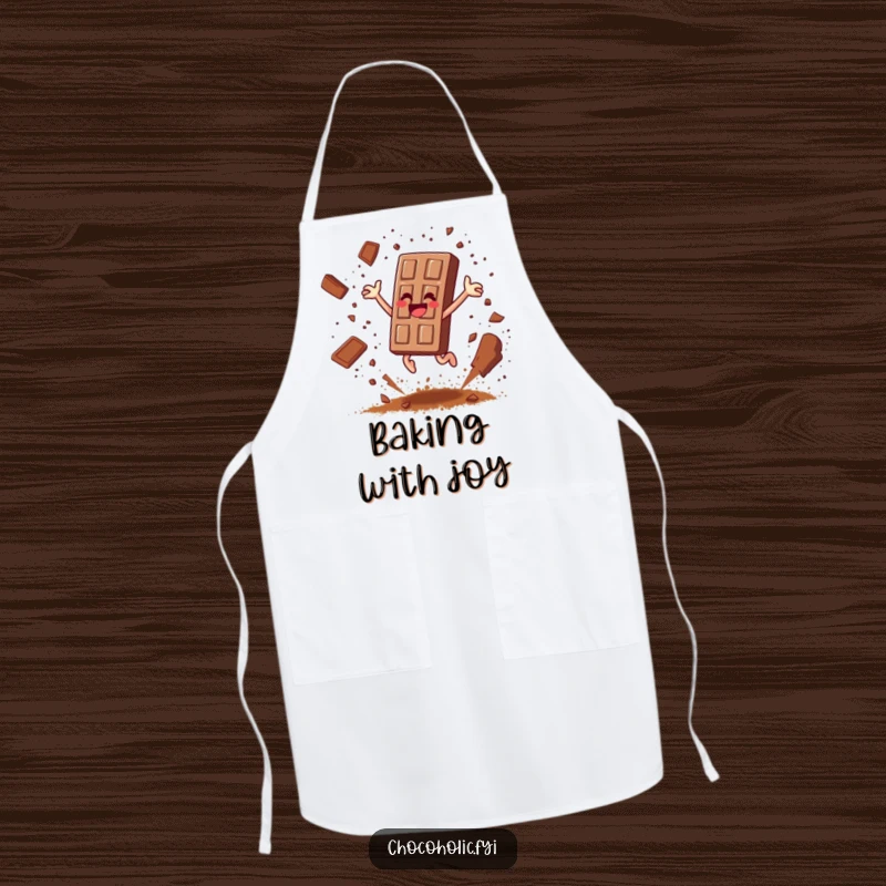 Funny chocolate bar character leaping joyfully, scattering cocoa powder like confetti on a chef's apron, for baking fun.