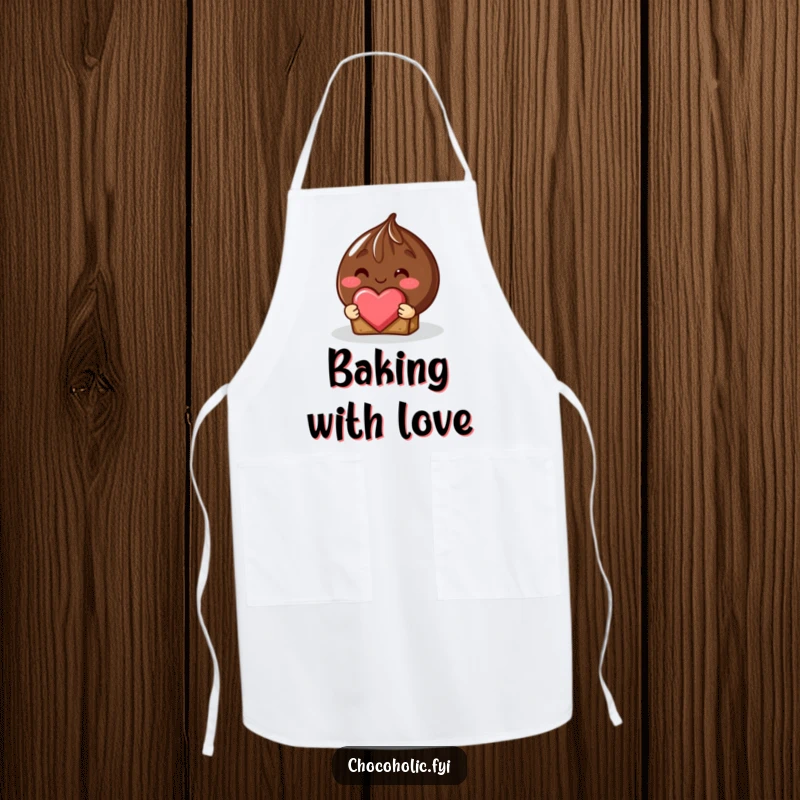 Funny shy chocolate truffle apron offering a heart-shaped piece, perfect for bakers who love to share.