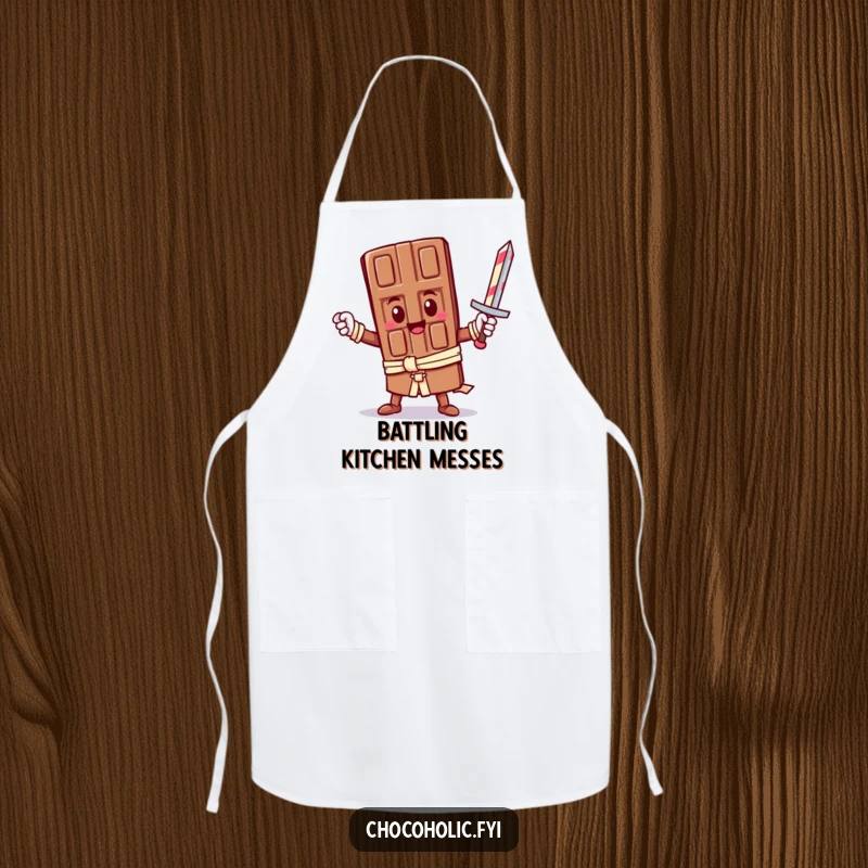 Funny Apron: A heroic kawaii chocolate bar character holds a candy cane sword while cooking. Ideal for chefs who love cute and funny kitchen wear.
