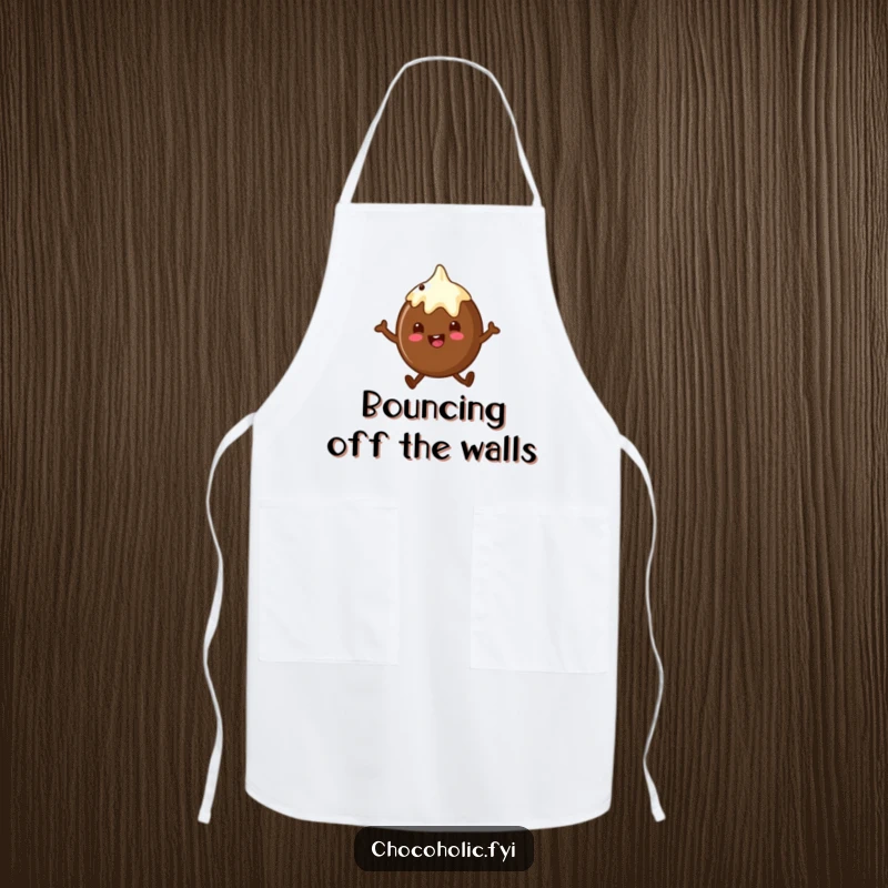 Funny chocolate truffle apron showing a character doing a little happy hop, adding sweetness to cooking.