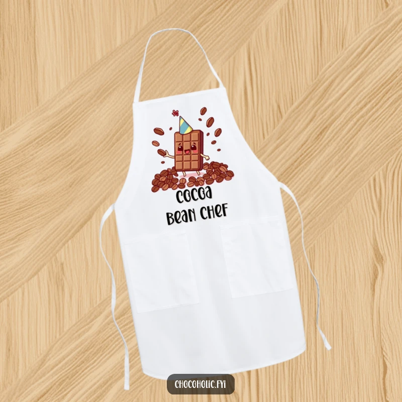 Funny Kawaii chocolate bar wearing a party hat, juggling cocoa beans, on a practical kitchen apron.