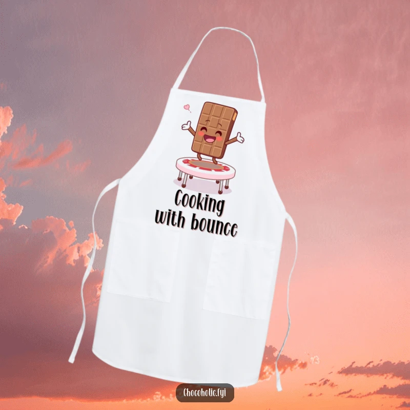 Funny apron depicting a chocolate bar character joyfully bouncing on a marshmallow trampoline, arms outstretched, bringing fun to cooking.