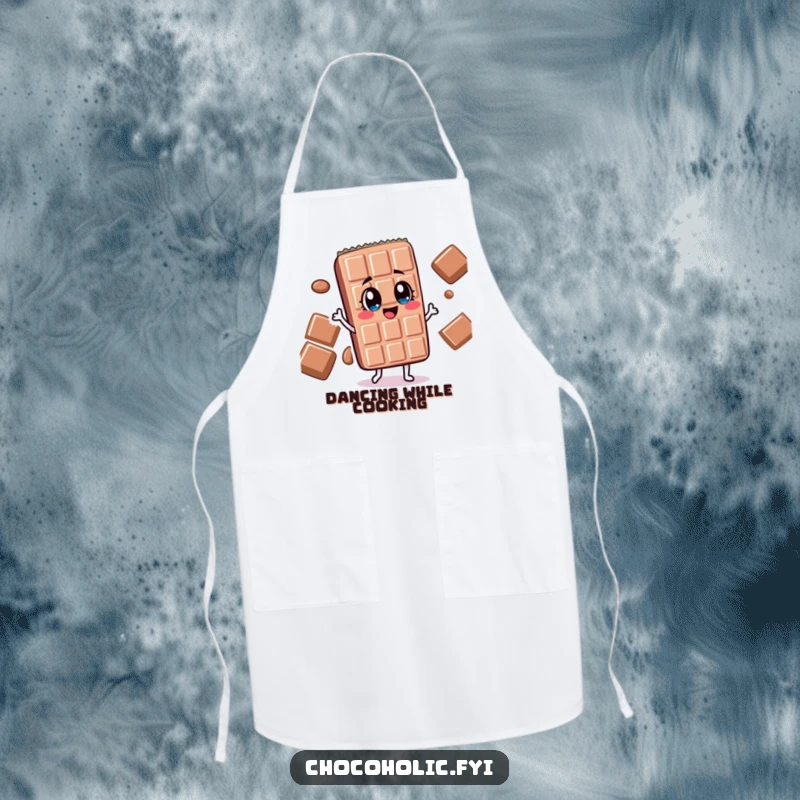 Funny chocolate bar character with wide, delighted eyes doing a silly dance on a chef's apron, for kitchen fun.