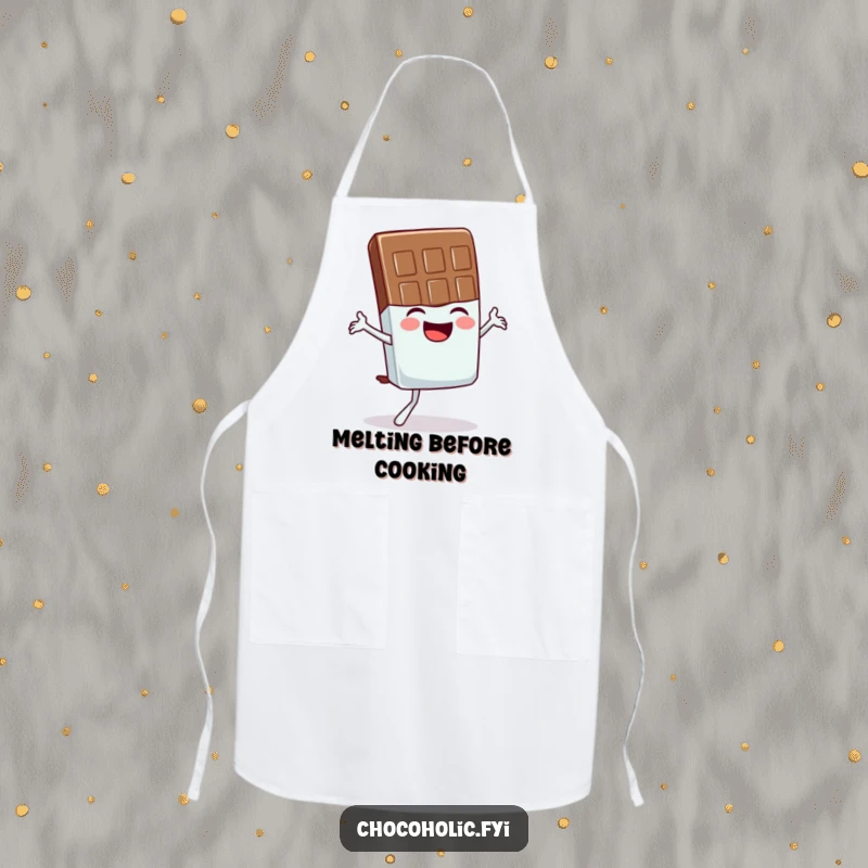 Funny apron featuring a giggling chocolate bar character attempting a comical, wobbly yoga pose in the kitchen, adding humor to cooking.