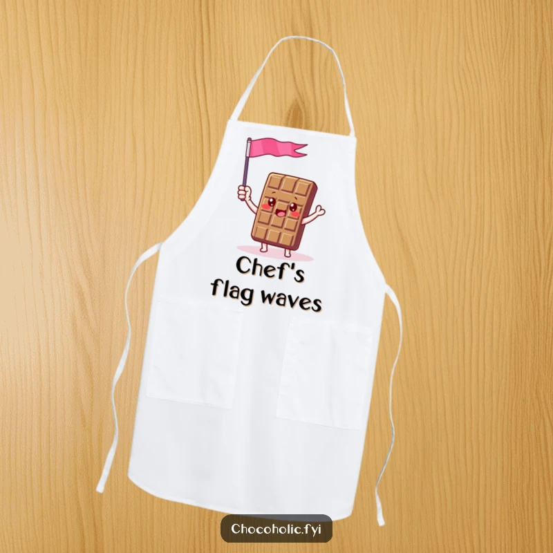 Funny apron with a chocolate bar character enthusiastically waving a tiny flag made of chocolate foil, perfect for festive kitchen humor.