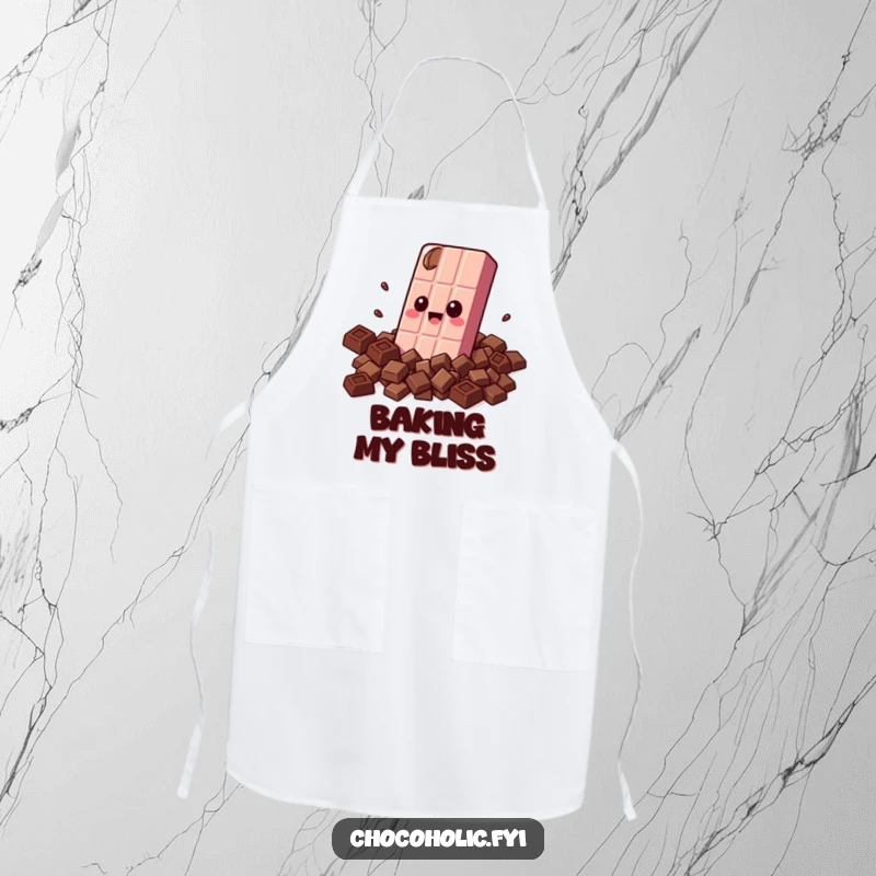 Funny apron featuring a kawaii chocolate bar character with wide eyes, hugging itself with chocolate pieces, ready for sweet baking.