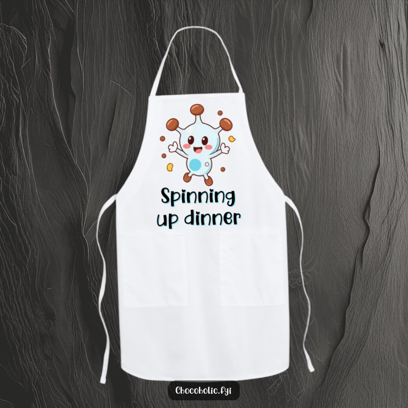 Funny chocolate molecule apron showing a character spinning ecstatically, perfect for adding energy to cooking.