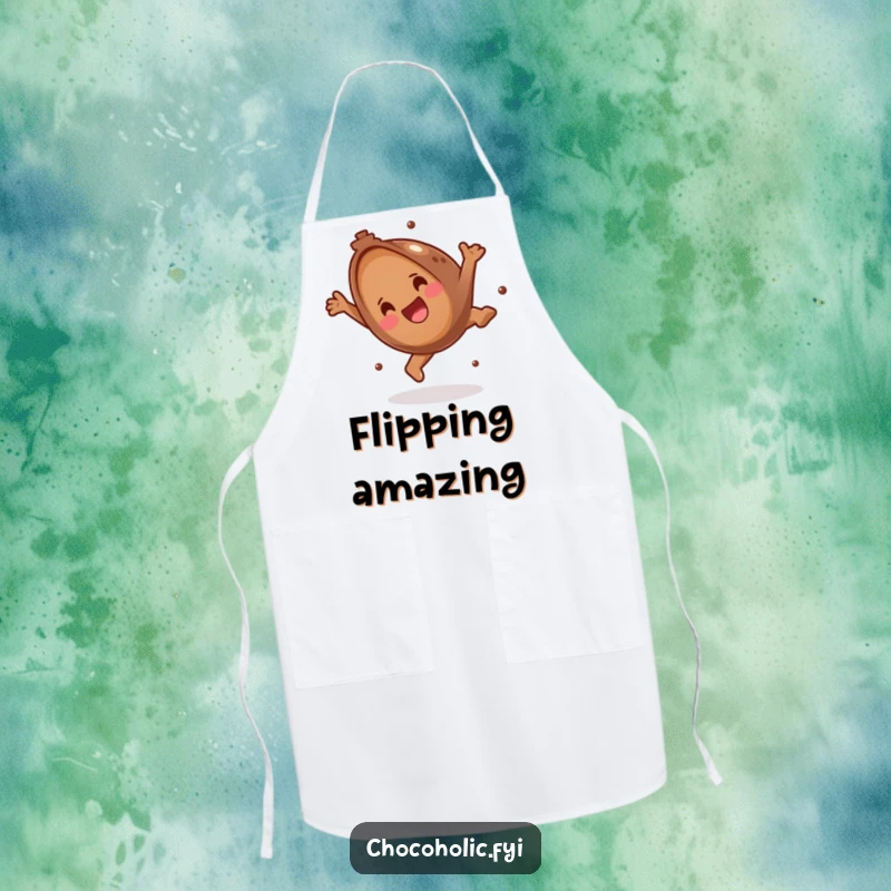Funny Apron depicting a chocolate truffle gleefully performing a somersault, perfect for kitchen fun. Durable and amusing cooking wear.