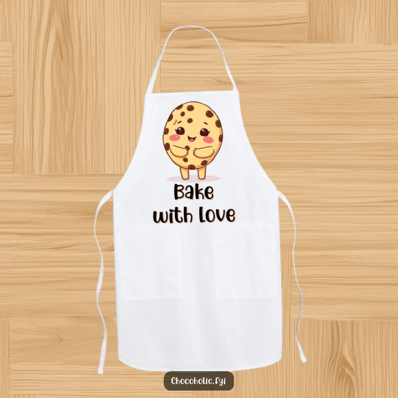 Funny apron with a kawaii chocolate chip cookie character giving a warm, fuzzy hug, ready for cozy baking.