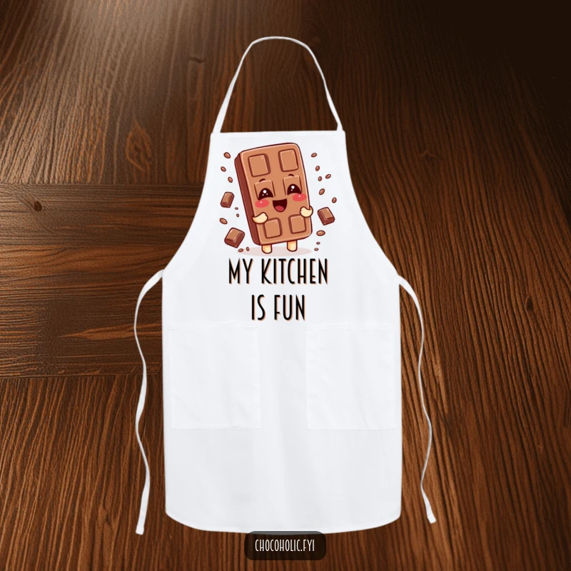 Funny apron adorned with a chocolate bar character giggling, with tiny chocolate sprinkles falling around it, ideal for a joyful cook.