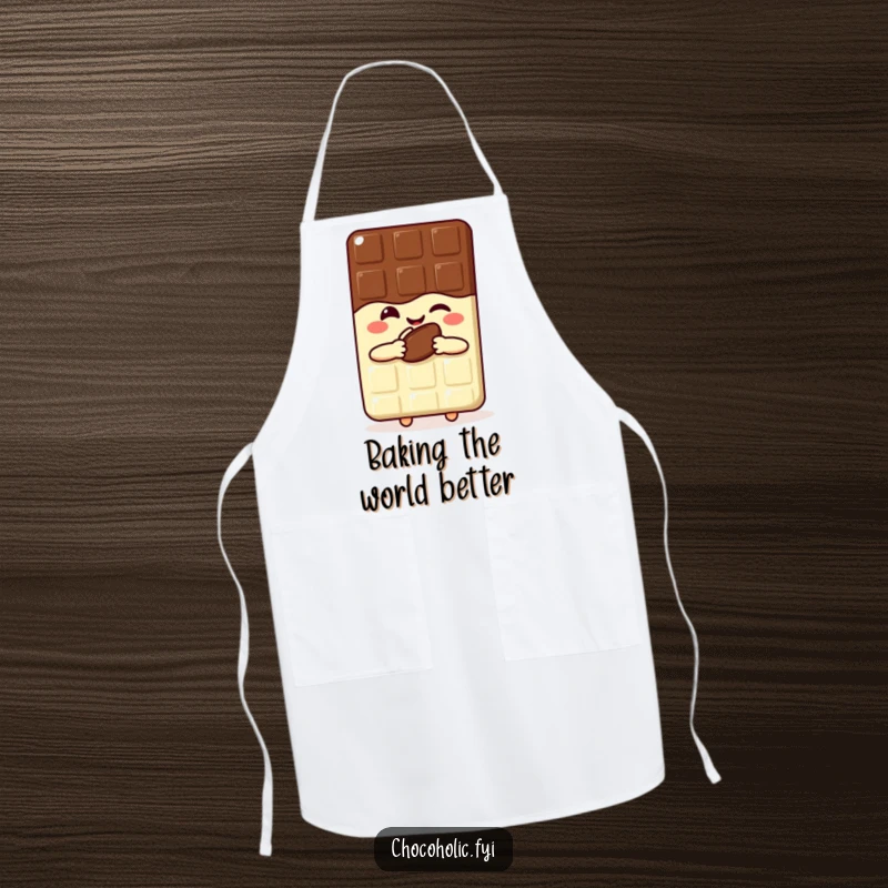 Funny kawaii chocolate bar apron featuring a joyful winking character holding a cocoa bean, perfect for the kitchen.