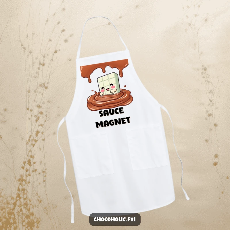 Funny Kawaii chocolate bar character diving into a pool of chocolate sauce on a practical kitchen apron.