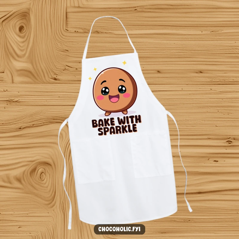 Funny kawaii chocolate chip with a big, excited smile and sparkling eyes on a kitchen apron, making cooking more fun and cheerful.