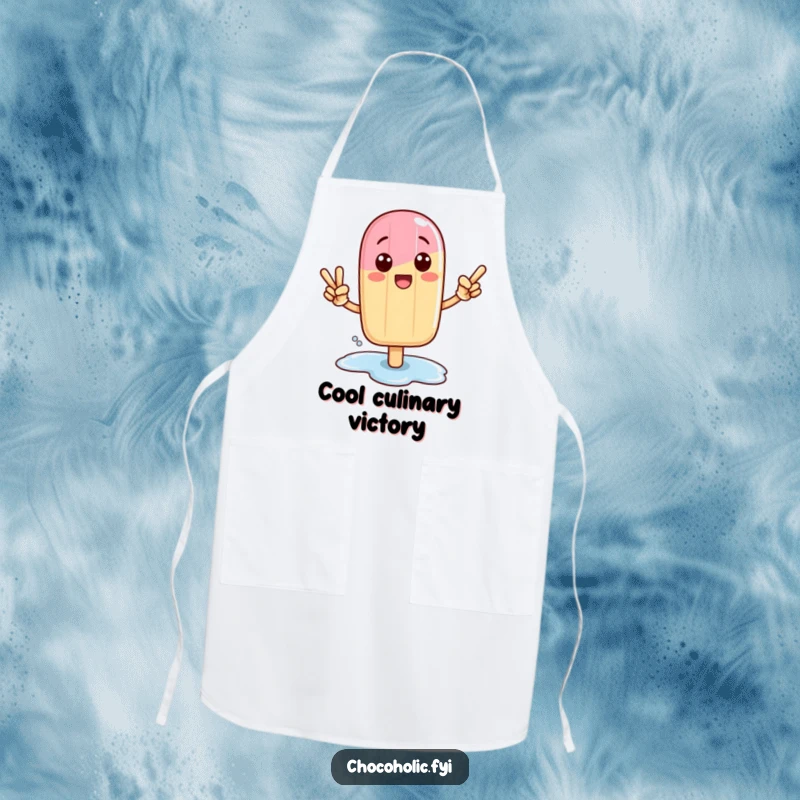 Funny Kawaii popsicle character in a victory pose with a melting puddle, on a kitchen apron.