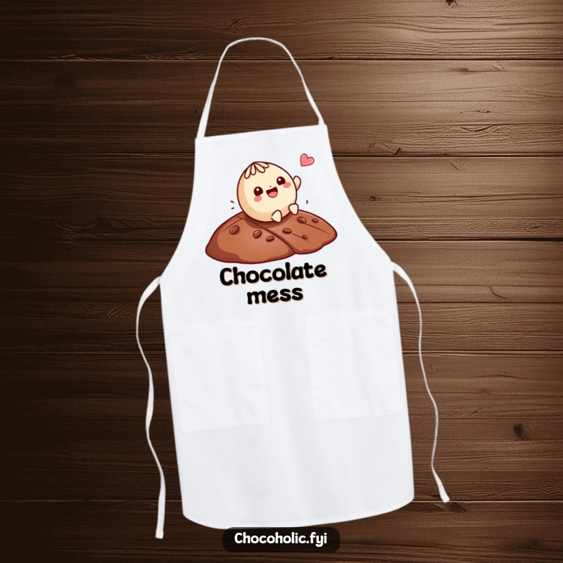 Funny Kawaii truffle character rolling down a chocolate hill, a humorous and practical kitchen apron.