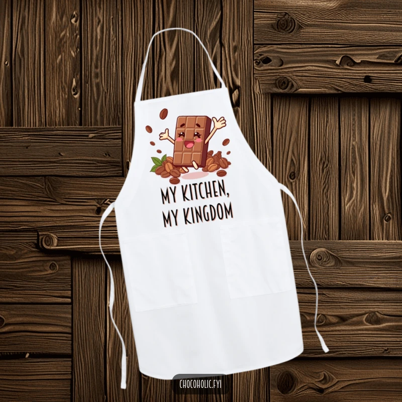 Funny apron displaying a chocolate bar character leaping energetically, surrounded by cocoa beans, ideal for a joyful cook.