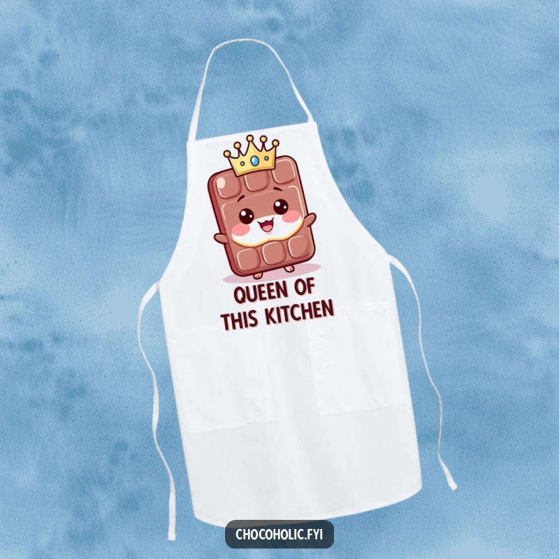 Funny Apron: A proud kawaii chocolate bar character wears a tiny crown while cooking. Ideal for chefs who love cute and funny kitchen wear.