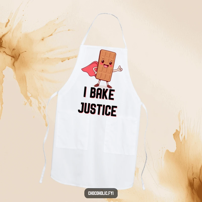 Funny apron featuring a cheerful chocolate bar character in a heroic pose, cape flowing, ready to tackle any recipe.