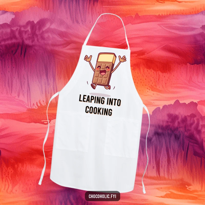 Funny chocolate bar apron showing a character doing a dramatic, joyful leap, perfect for adding flair to cooking.