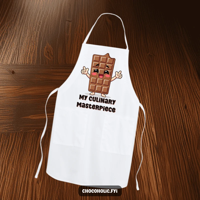 Funny apron with a chocolate bar character striking a proud, enthusiastic pose, projecting confidence and sweet determination.