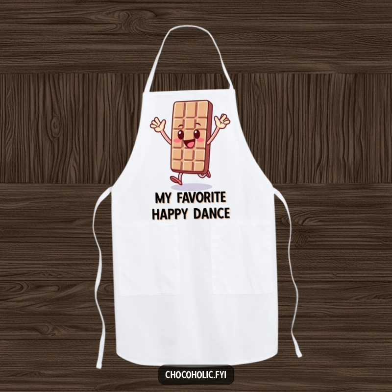 Funny apron with a chocolate bar character joyfully hopping, arms up, bringing sweet enthusiasm to culinary creations.