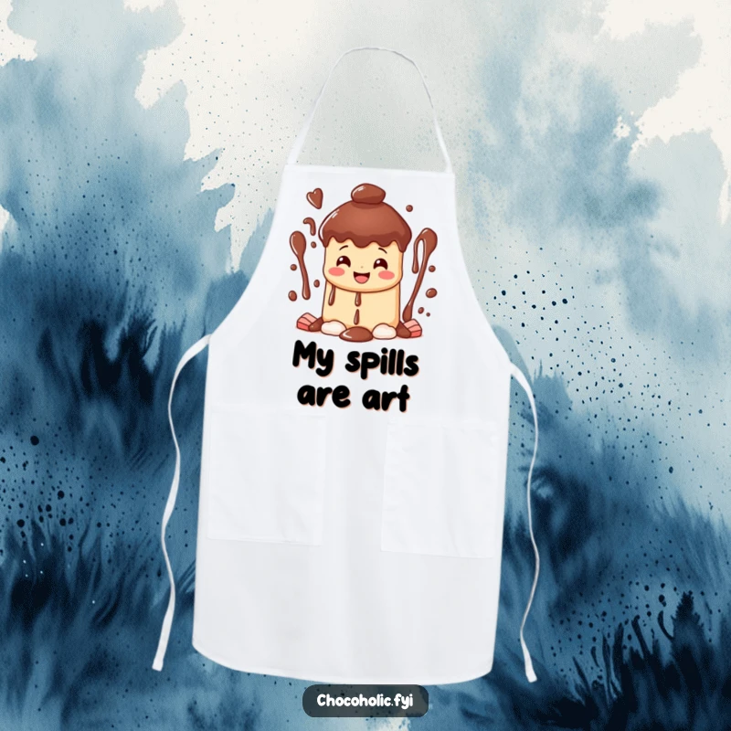 Funny happy chocolate fountain apron character with a wide grin, cascading streams of sweet bliss, for playful cooking and baking.