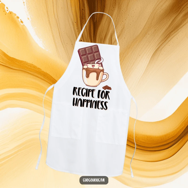 Funny apron featuring a chocolate bar character joyfully peeking over a tiny, steaming mug, designed for kitchen fun.