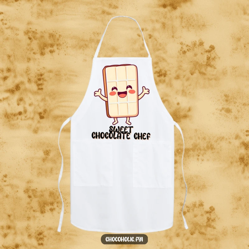 Funny Kawaii chocolate bar character with a big smile dancing on a kitchen apron, for joyful baking.