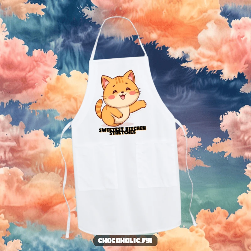 Funny Kawaii caramel character stretching playfully, featured on a functional and cute kitchen apron.