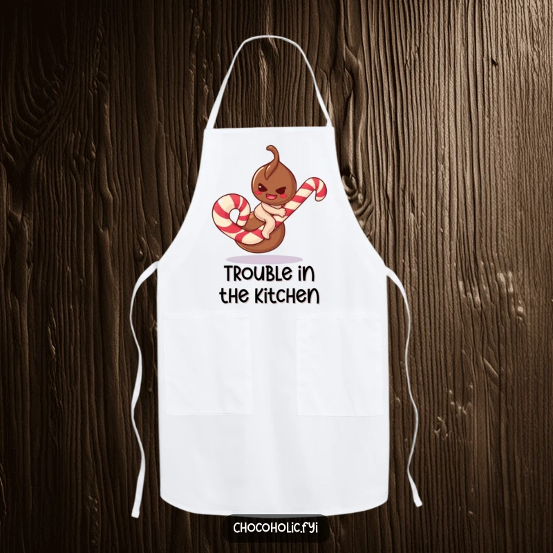 Funny chocolate truffle apron character with a mischievous smirk, attempting to ride a giant candy cane, for playful cooking.