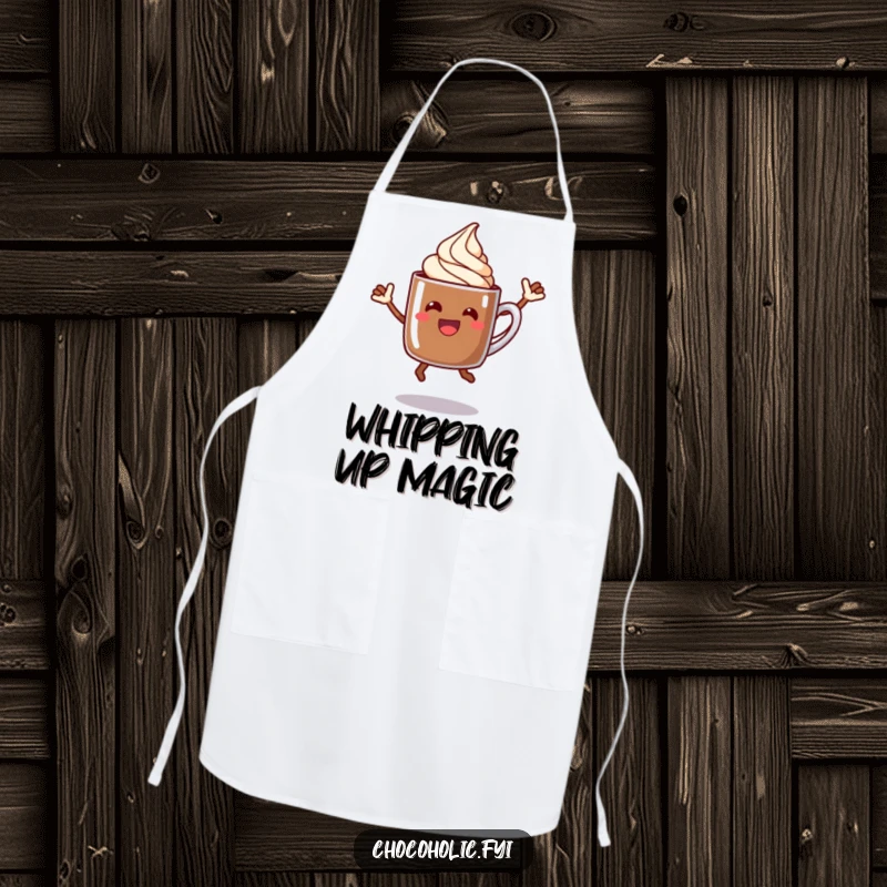 Funny chocolate mug apron with a cream swirl character doing a celebratory jump, great for kitchen parties.