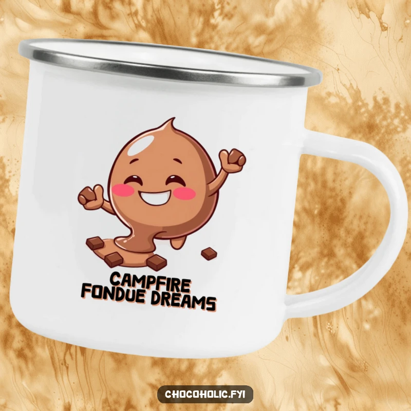 Funny melting chocolate blob enamel camping mug with a silly grin reaching for more chocolate, for outdoor enjoyment.
