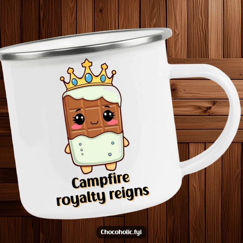 Funny camping mug showing a chocolate bar character wearing a crown, looking regal, perfect for sipping while commanding nature.