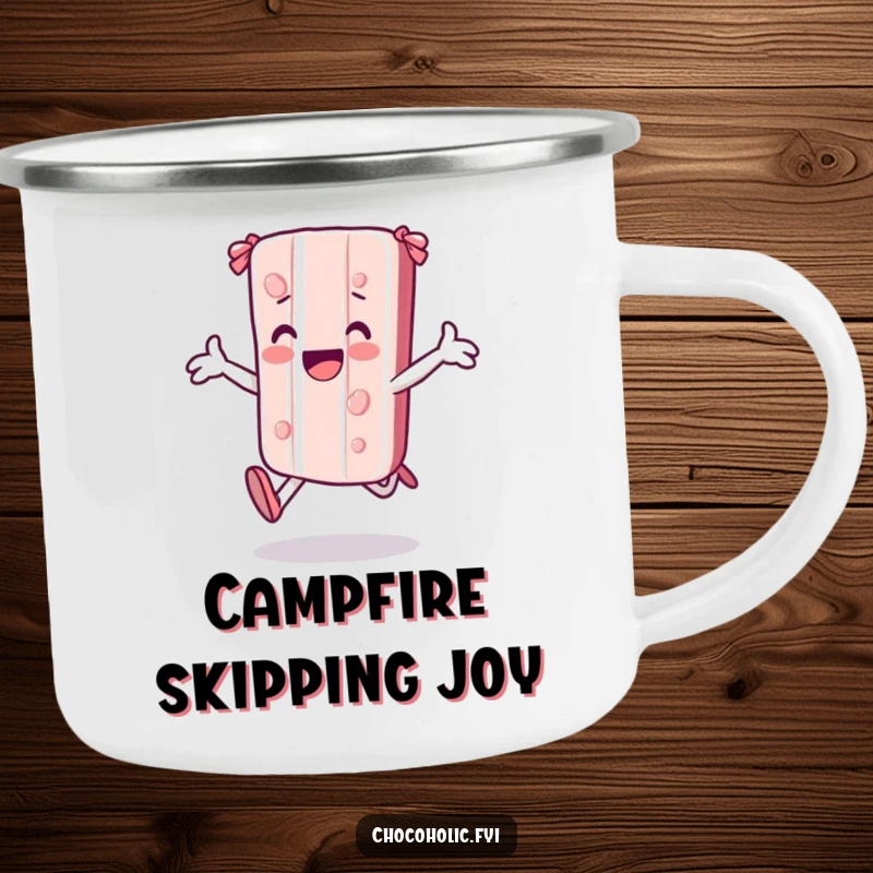 Funny kawaii candy bar character skipping joyfully with arms outstretched on a camping mug, ready for any adventure.