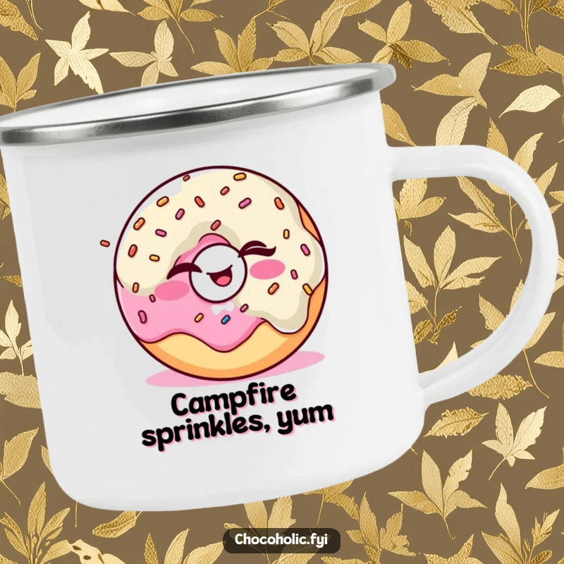 Funny Kawaii donut character winking and juggling sprinkles, printed on a rugged camping mug.