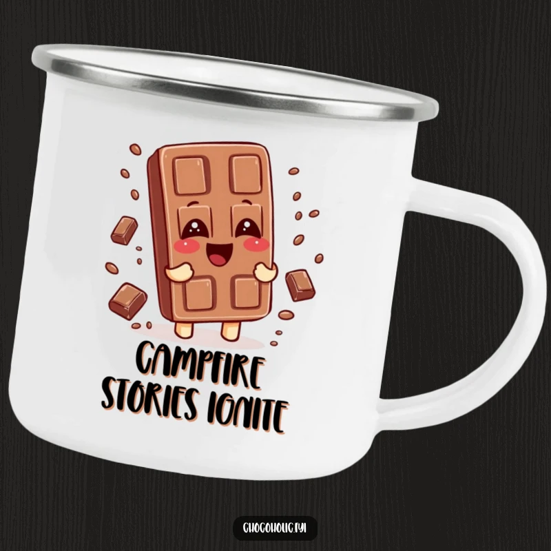Funny camping mug showing a chocolate bar character giggling, with tiny chocolate sprinkles falling around it, perfect for outdoor enjoyment.
