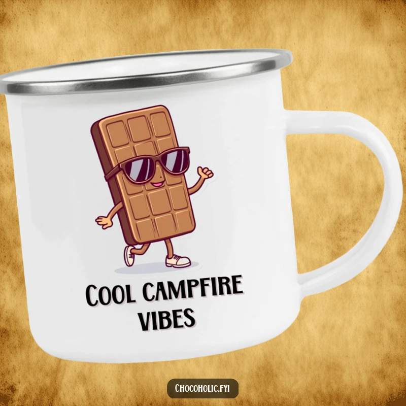 Funny camping mug featuring a cool chocolate bar character in sunglasses doing a confident strut, built for stylish sipping.