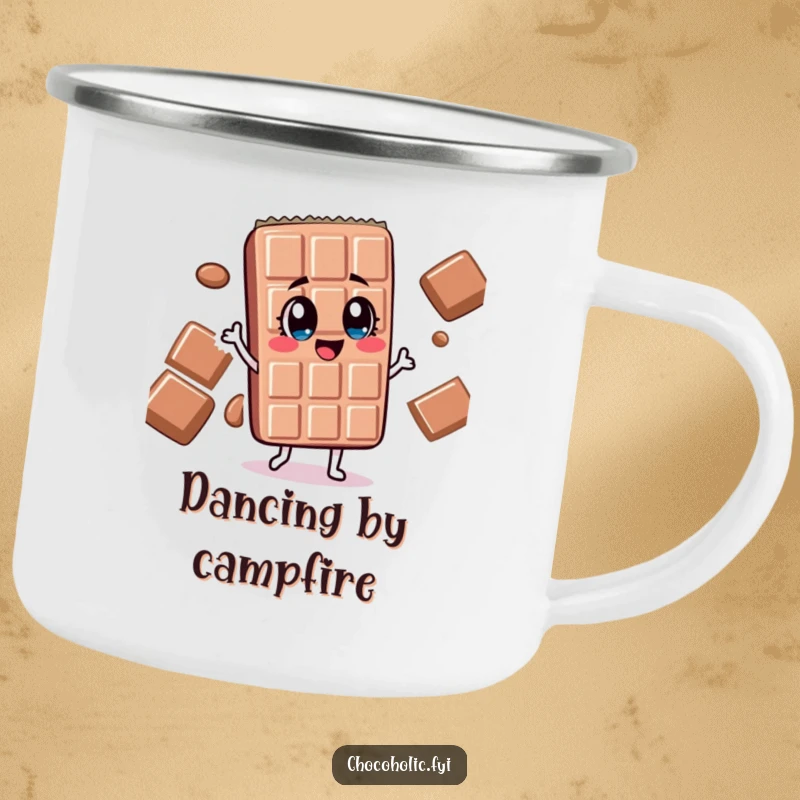 Funny chocolate bar character with wide, delighted eyes doing a silly dance on a rugged camping mug.