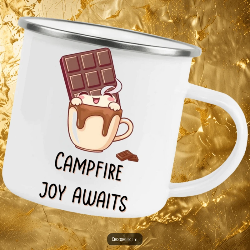 Funny camping mug showing a chocolate bar character peeking with delight over a tiny, steaming mug, ideal for outdoor enjoyment.