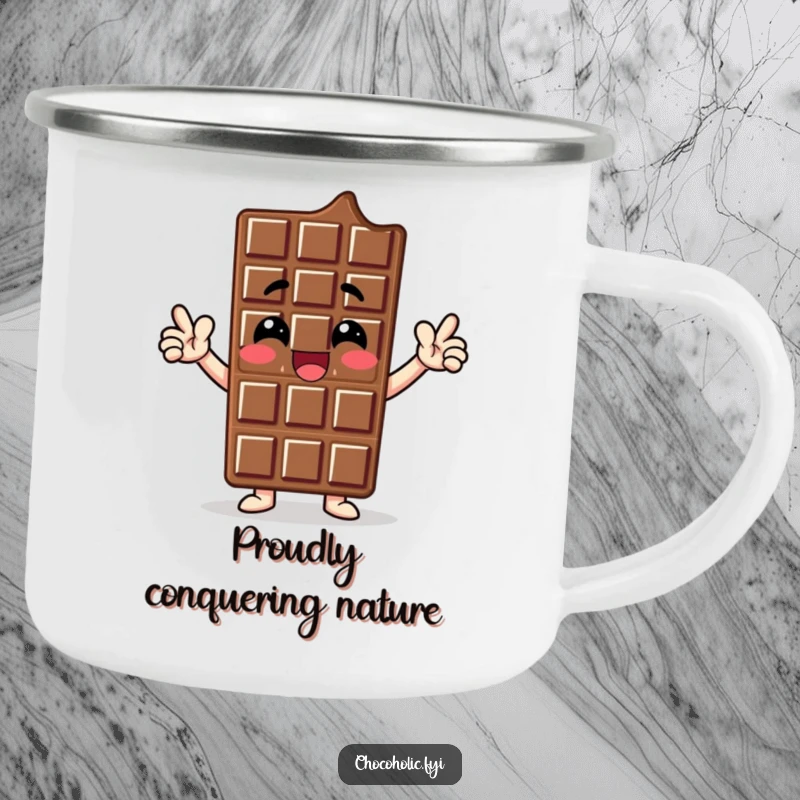 Funny camping mug depicting a chocolate bar character striking a proud, enthusiastic pose, ready to conquer any sweet outdoor challenge.