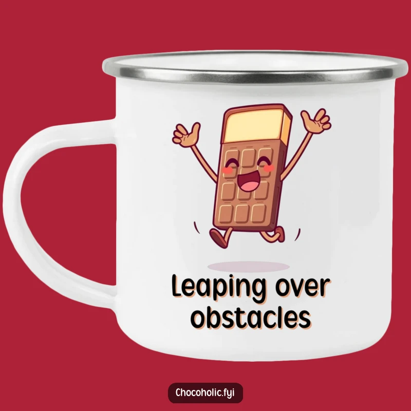 Funny Chocolate Bar Leap Camping Mug: Enjoy Adventures with this Dramatic Character