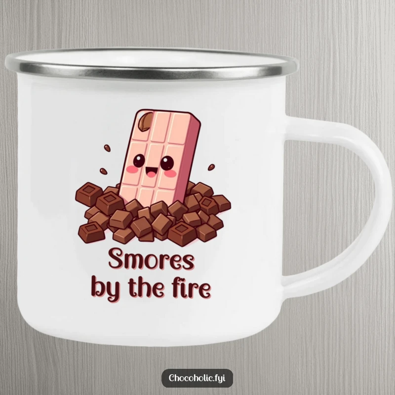 Funny camping mug showing a kawaii chocolate bar character with wide eyes, hugging itself with chocolate pieces, perfect for sweet camping.