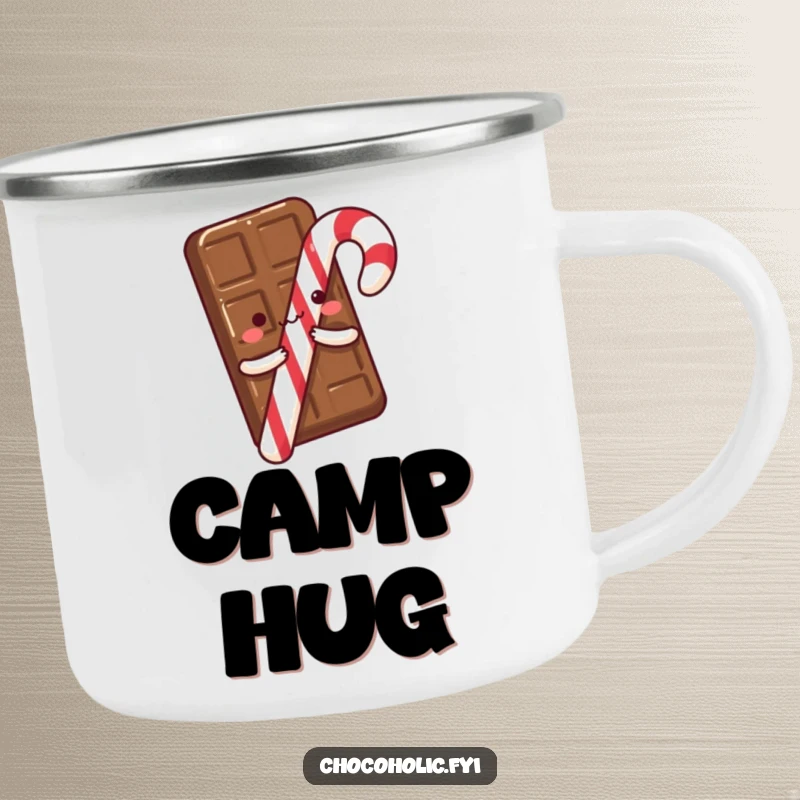 A chocolate bar with tiny arms excitedly hugging a candy cane, on a durable camping mug for outdoor sweetness and humor.