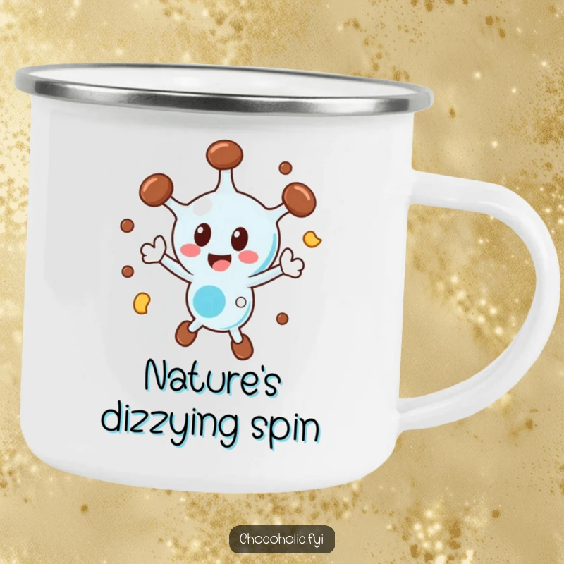Funny chocolate molecule camping mug with a character spinning ecstatically, perfect for outdoor enjoyment.